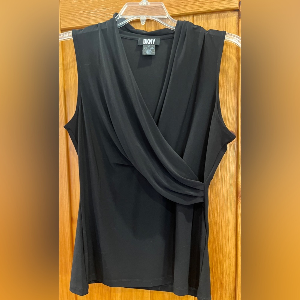 DKNY Black Wrap Around Draped Blouse. Size L. NWOT